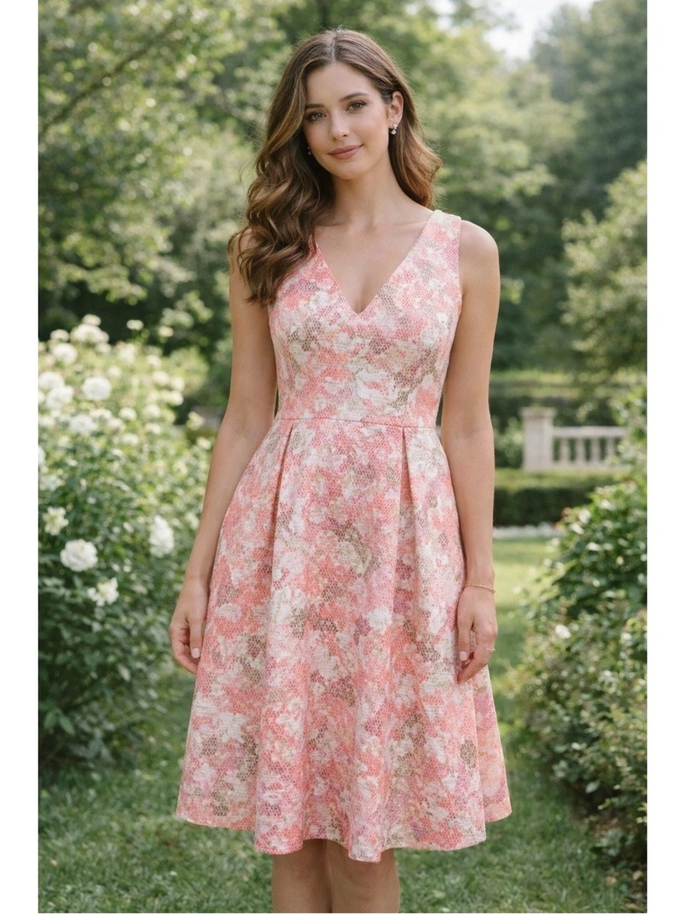Adrianna Papell Pink Floral V-Neck Midi Dress